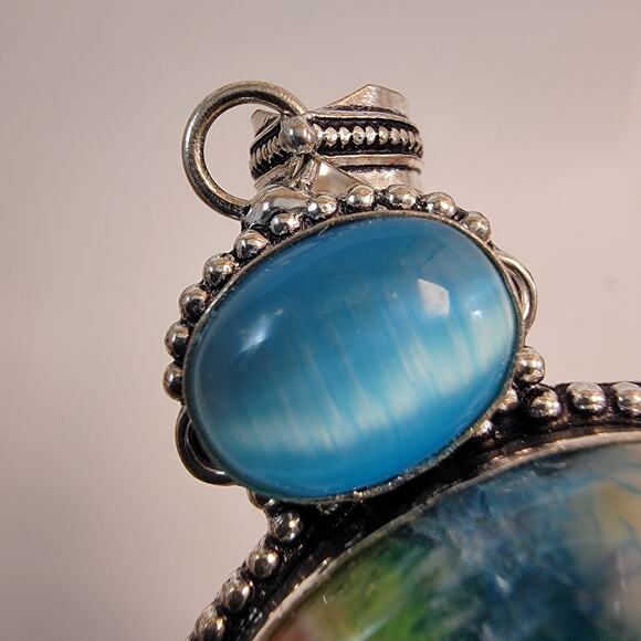 Handmade Rainbow Fluorite and Blue Chalcedony Pendant in Sterling Silver Setting - Picture 6 of 10